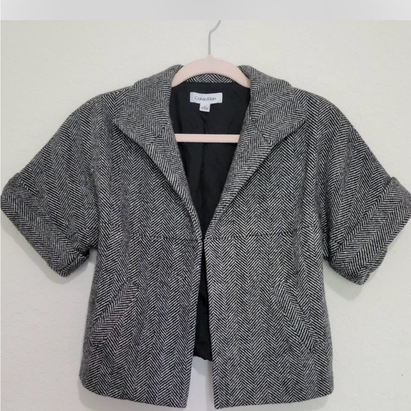 Calvin Klein Women's Black and White Herringbone Wool Blazer - Picture 1 of 5